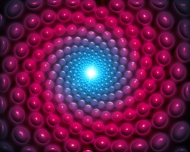 Blue Red Starbursting Fibonacci Spiral Dot Pattern