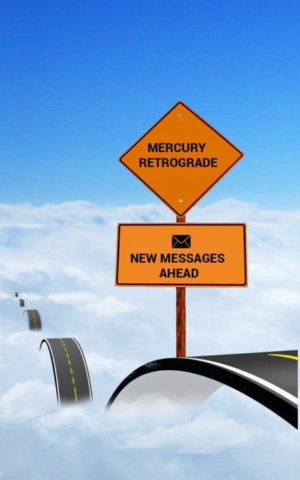 Mercury Retrograde road sign on cloud road for new messages ahead