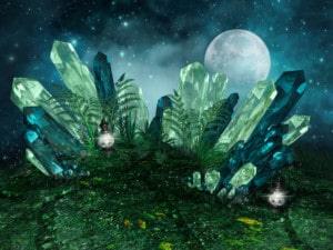 Blue and Green Crystals growing up in front of Moon
