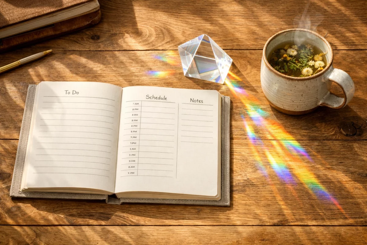 monthly planning according to sun sign, prism crystal bringing light and energy to an office, wooden desk and chamomile tea