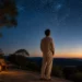 person on mountain terrace under meteors