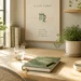 Sun-drenched sanctuary workspace with a natural wood desk, a small green plant, and a professional journal in soft morning light, Vedic skymap chart grid